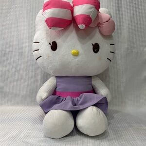 Sanrio Jumbo Hello Kitty Plush with Pink and White striped Bow and Purple Dress